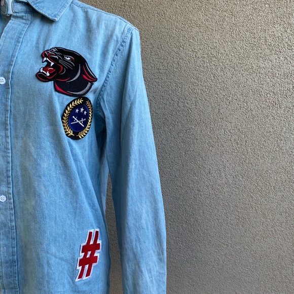 Boyfriend Chambray Button Down Patch Denim Shirt - Picture 7 of 9